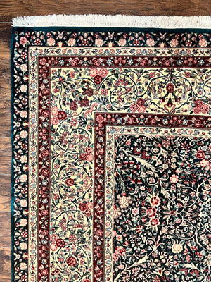 Large Sino Persian Rug 10x14, Wool Hand Knotted Vintage Carpet, Dark Green & Beige, Kirman Floral Rug, Fine Weave, Traditional, Large