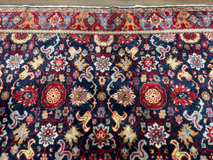 Persian Sarouk Mahal Rug 7x11, Navy Blue Multicolor Colorful Persian Carpet, Mina Khani Allover Pattern, Vintage Persian Rug
