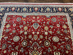 Pak Persian Rug 9x12, Red and Navy Blue, Floral Allover, Hand Knotted Vintage Wool Carpet, Fine 260 KPSI