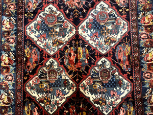 Persian Bakhtiari Rug 5x12, Wide Runner Rug, Unique Size, Multicolor Panel Design, Navy Blue Ivory, Antique Persian Rug, Colorful