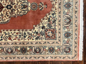 Indo Persian Rug 6x9, Semi Open Field Medallion Rug, Vintage Hand Knotted Wool Oriental Carpet, Traditional Rug, Light Pink, Medium Size