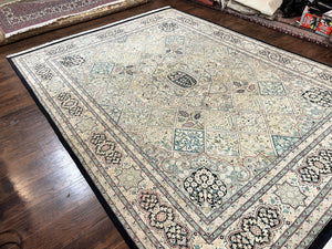 Pak Persian Kirman Rug 9x12, Panel Design Oriental Carpet 9 x 12 ft, Wool Hand Knotted Handmade Traditional Room Sized Vintage Rug, Green