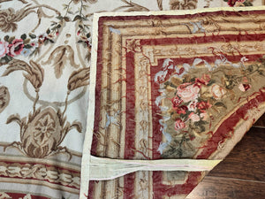 Aubusson Needlepoint Rug 9x11, Handmade Vintage Wool Flatweave Carpet, Elegant European Rug, Floral, Cream