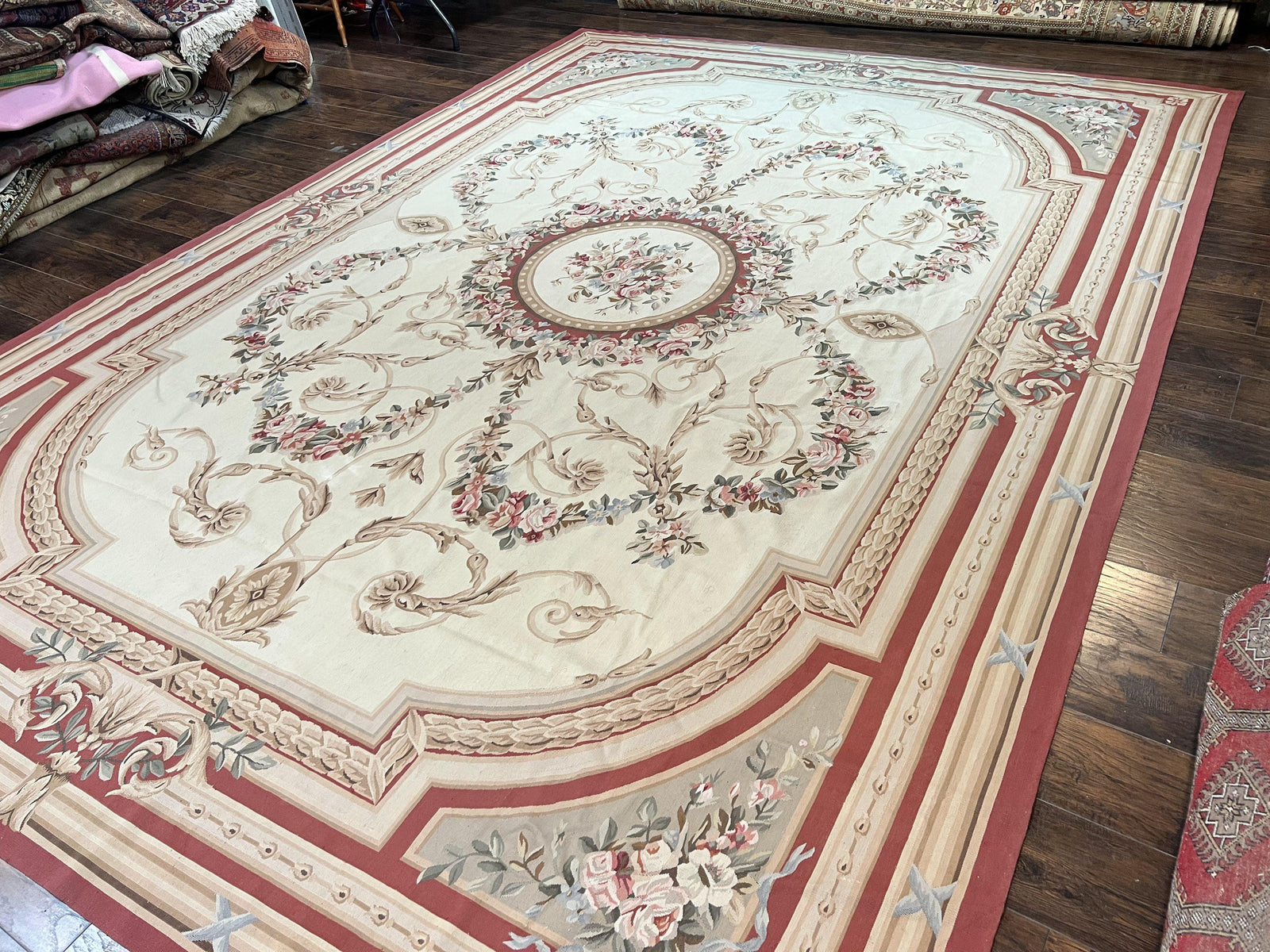 Large Aubusson Rug 10x14, Elegant French European Floral Design, Vintage Handmade Wool Room Sized Carpet, Ivory