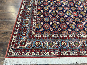 Persian Veramin Rug 7x11, Repeated Allover Pattern, Handmade Vintage Carpet, Navy Blue