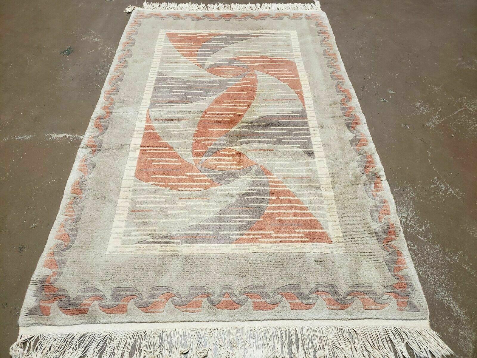 3' X 5' Handmade Modern Chinese Accent Rug - Silk on Cotton Carpet - Abstract Contemporary Design - Beige and Orange