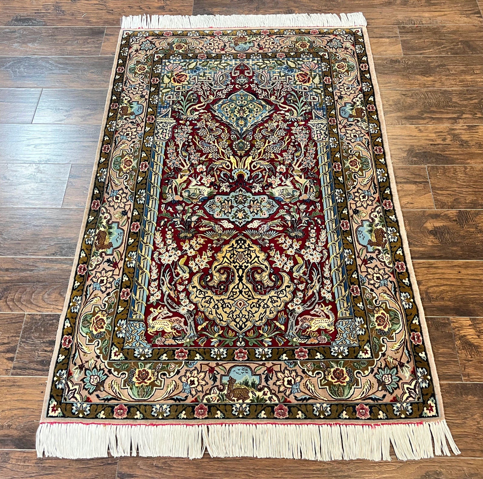 Marvelous Persian Isfahan Rug 3.7 x 5.6, Tree of Life and Animal Pictorials, Handmade Vintage Super Fine 600 KPSI, Kork Wool  Silk Highlights, Rare