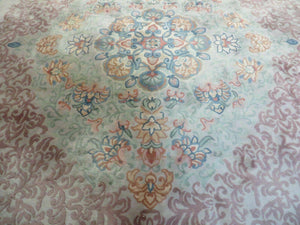 9' X 12' Vintage Handmade Chinese Carving Sculpture Wool Rug Flower Design Pink Carpet