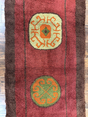 German Hooked Runner Rug 3x8, Vintage, Red, Wool