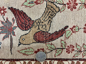 Indo Persian Pictorial Rug 4x7, Handmade Hand Knotted Wool Semi Antique Horizontal Carpet, Men & Women Drinking, Fine Rug, Bird Pictorials