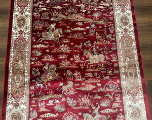 Turkish Silk Hunting Design Rug 4x6, Dark Red & Ivory, Bamboo Silk, New