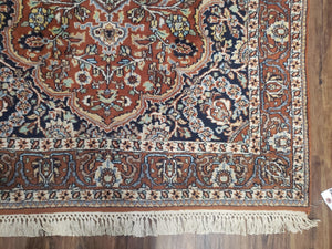 Antique Indian Kashmiri Area Rug 4x6, Wool Hand-Knotted Red & Ivory Floral Medallion Persian Carpet, Vintage Oriental Entryway Rug 4 x 6
