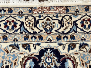 Persian Nain Rug 4x6, Floral, Hand Knotted Vintage Wool & Silk Highlights, Signature from Masterweaver, Navy Blue and Ivory
