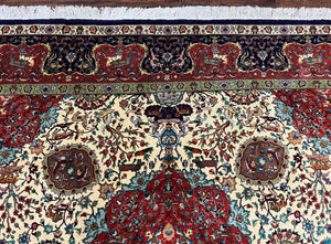 Wonderful Sino Persian Rug 6x10 with Animal Pictorial Motifs, Cream Dark Red Navy Blue, Birds Gazelles, Two Medallions, Top Quality Handmade