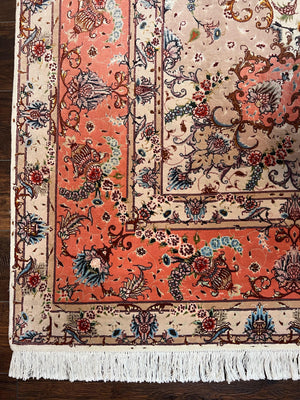 Wonderful Persian Tabriz Rug 9x12, Floral Medallion, Ivory and Salmon Red, Hand Knotted, Wool with Silk Accents, Very Fine Vintage Oriental Carpet
