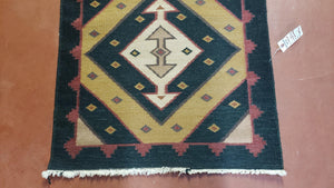 Vintage Indian Kilim Runner Rug, Geometric Flatweave Hand-Knotted Wool Kitchen Hallway Runner, Black Gold & Beige, 2' 8" x 9' 9"