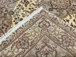 Vintage Sino Persian Rug 10x14, Room Sized Elegant Handmade Oriental Carpet 10 x 14, Floral Medallion Large Wool Rug with Silk Accents Beige