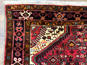 Persian Hamadan Rug 4x7, Tribal Village Malayer Carpet, Red and Ivory, Bohemian Antique
