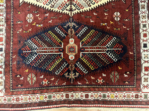Antique Persian Tribal Rug 5 x 7.8, Triple Medallions, Red, Persian Afshar Rug