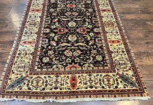 Indo Persian Rug 5x15, Wide Runner Rug 5 x 15 ft, Wool Hand Knotted Vintage Carpet, Black & Cream, Floral Allover Long Oriental Rug