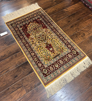 Wonderful Silk Turkish Hereke Prayer Rug 2.8 x 4.5, Tree of Life Design, Signature from Master Weaver, Gold and Burgundy, Handmade, 625 KPSI