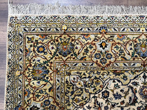 Rare Silk Persian Kashan Rug 4.6 x 7, Antique Fine 310 KPSI, Ivory