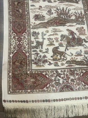 Long Turkish Silk Runner Rug 2.6 x 16.5, Hunting Design, Ivory, Bamboo Silk, New