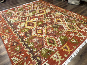 Turkish Kilim Rug 8x10, Geometric Design, Large Kilim Carpet