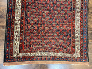 Persian Kurdish Rug 5x6, Wool Hand Knotted Vintage Carpet, Red Blue Cream, Boteh Paisley Pattern, 5 x 6 Medium Sized Oriental Rug