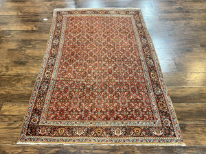 Antique Persian Bidjar Rug 5x7, Repeated Allover Herati Pattern, Red, Handmade Wool Carpet