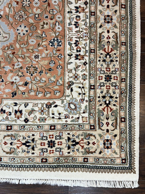 Indo Persian Rug 6x9, Wool Hand Knotted Vintage Carpet, Salmon & Ivory, Traditional Oriental Rug 6 x 9