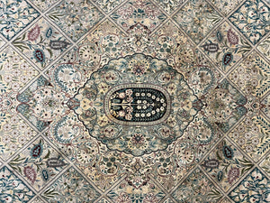 Pak Persian Kirman Rug 9x12, Panel Design Oriental Carpet 9 x 12 ft, Wool Hand Knotted Handmade Traditional Room Sized Vintage Rug, Green