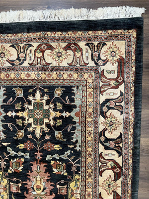 Indo Persian Mahal Rug 9x12, Dark Green and Cream Hand Knotted Wool Oriental Carpet, Floral Allover, Vintage Traditional Handmade Room Sized