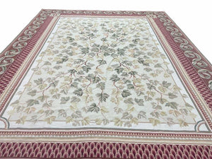 Aubusson Needlepoint Rug 9x12, Flatweave Carpet, Leaves, Wool, New, Handmade