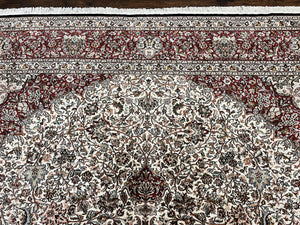 Silk Indian Kashmiri Rug 9 x 11 ft, Room Sized Silk Vintage Indo Persian Handmade Hand Knotted Fine Oriental Carpet, Ivory and Maroon