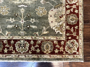 Indo Oushak Rug 4x6, Green and Maroon, Vintage Wool Floral Rug, Indian Agra Rug