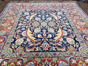 Square Turkish Mahal Rug 8 x 8.5, Colorful Square Carpet, Large 8ft Square Rug, Blue Red Yellow, Handmade Wool, Vintage, Large Flowers, Nice