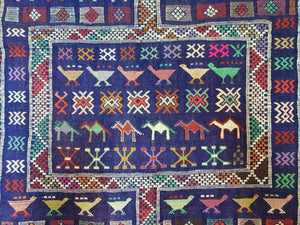 3' X 7' Vintage Handmade Indian Wool Kilim Flat weave Rug Camel Birds Blue Geometric Short Runner