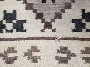 Semi Antique South American Blanket 4x8, Wool Hand-Woven Flatweave Kilim Rug, Handmade Antique Vintage Runner, Ivory & Blue, Diamond Panel