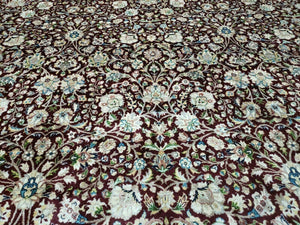 Persian Rug 9x12, Floral Allover, Very Fine, Handmade, Room Sized Oriental Carpet, Sino Persian, Maroon and Navy Blue