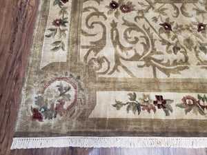 Vintage Nepali Tibetan Aubusson Rug 6x9, Wool Hand-Knotted Cream Beige Carpet, Leaves & Floral Pattern 6 x 9 Soft Area Rug Home Office Rug