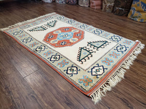Vintage Turkish Rug 4x6, Beige Red Gray Carpet, Caucasian Design, Tribal Rug, Hand-Knotted, Boho Rug, Bohemian Home Decor