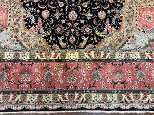 Magnificent Persian Tabriz Rug 11x16, Oversized Persian Carpet 11 x 16 ft, Wool on Silk Finely Hand Knotted, 450 KPSI, Floral Medallion, Black Pink