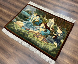 Persian Tabriz Pictorial Rug 5x3, Women Laying By River, Super Fine 60 Raj 480+ KPSI, Hand Knotted Wool Rug, Semi Antique Vintage Oriental Carpet