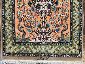 Very Fine Small Persian Isfahan Rug 2.6 x 4, Kork Wool on Silk Hand-Knotted Vintage Animal Pictorials Birds Vase, Signature Masterweaver, Orange