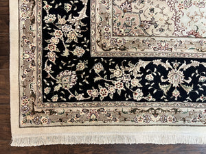 Sino Persian Rug 12x15, Ivory and Black, Floral Medallion Carpet, Large Palace Size Oriental Rug, Wool and Silk Highlights, Vintage Rug