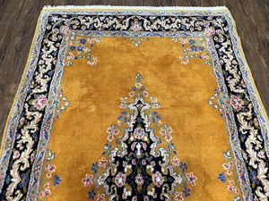 Vintage Persian Kirman Rug 4x7, Unique Colors, Mustard and Black Rug, Open Field with Central Medallion, Wool Oriental Rug, Persian Carpet Handmade