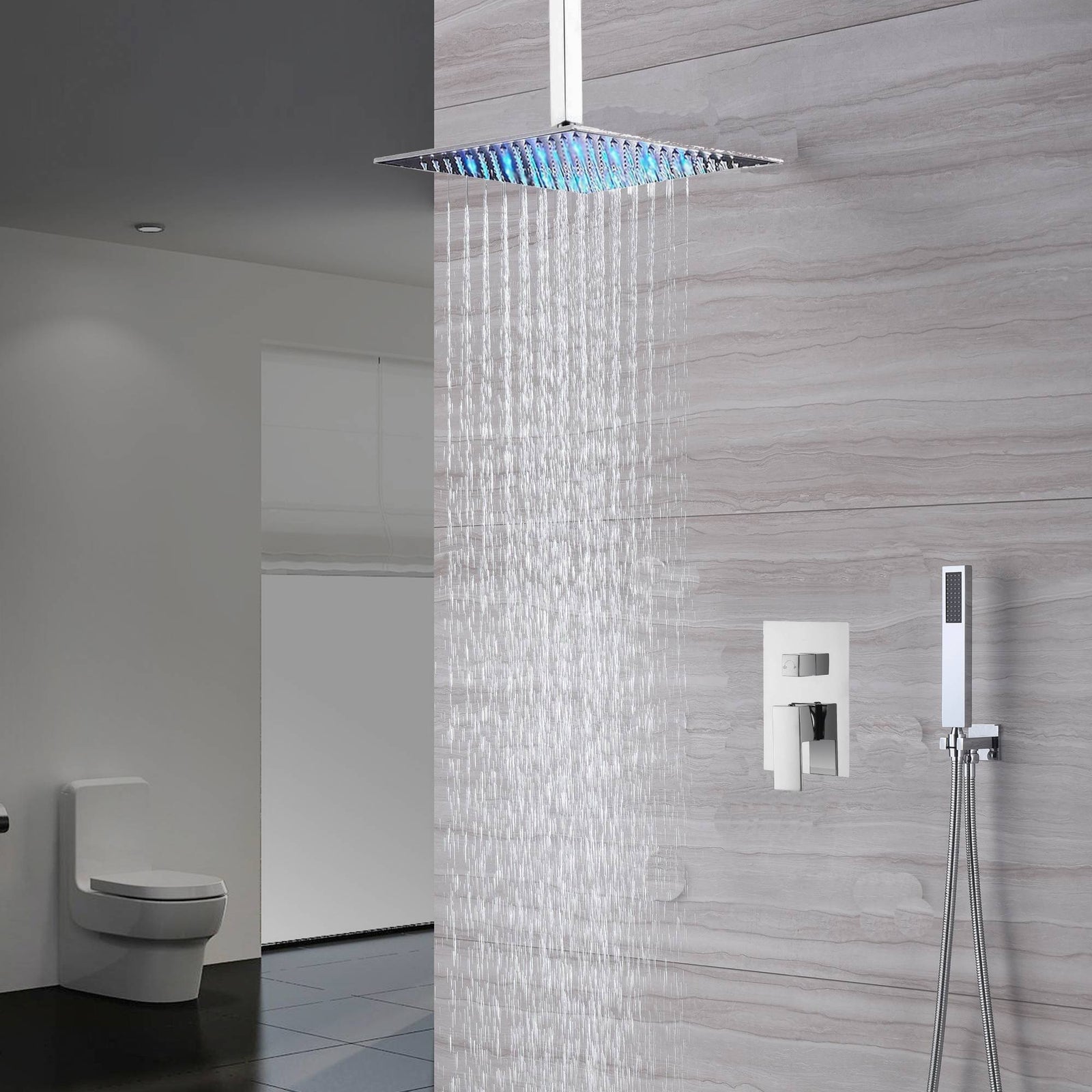 Chrome Ceiling-Mounted Rainfall Shower Head Two-Way Shower Faucet and Handle Sprayer Included - 12'' led rain head