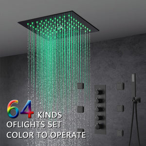 12-Inch Flush-Mount Matte Black Thermostatic Shower Faucet: 4-Way Control, 64-Color LED Lighting, Bluetooth Music, Optional Digital Display, and Body Sprayers