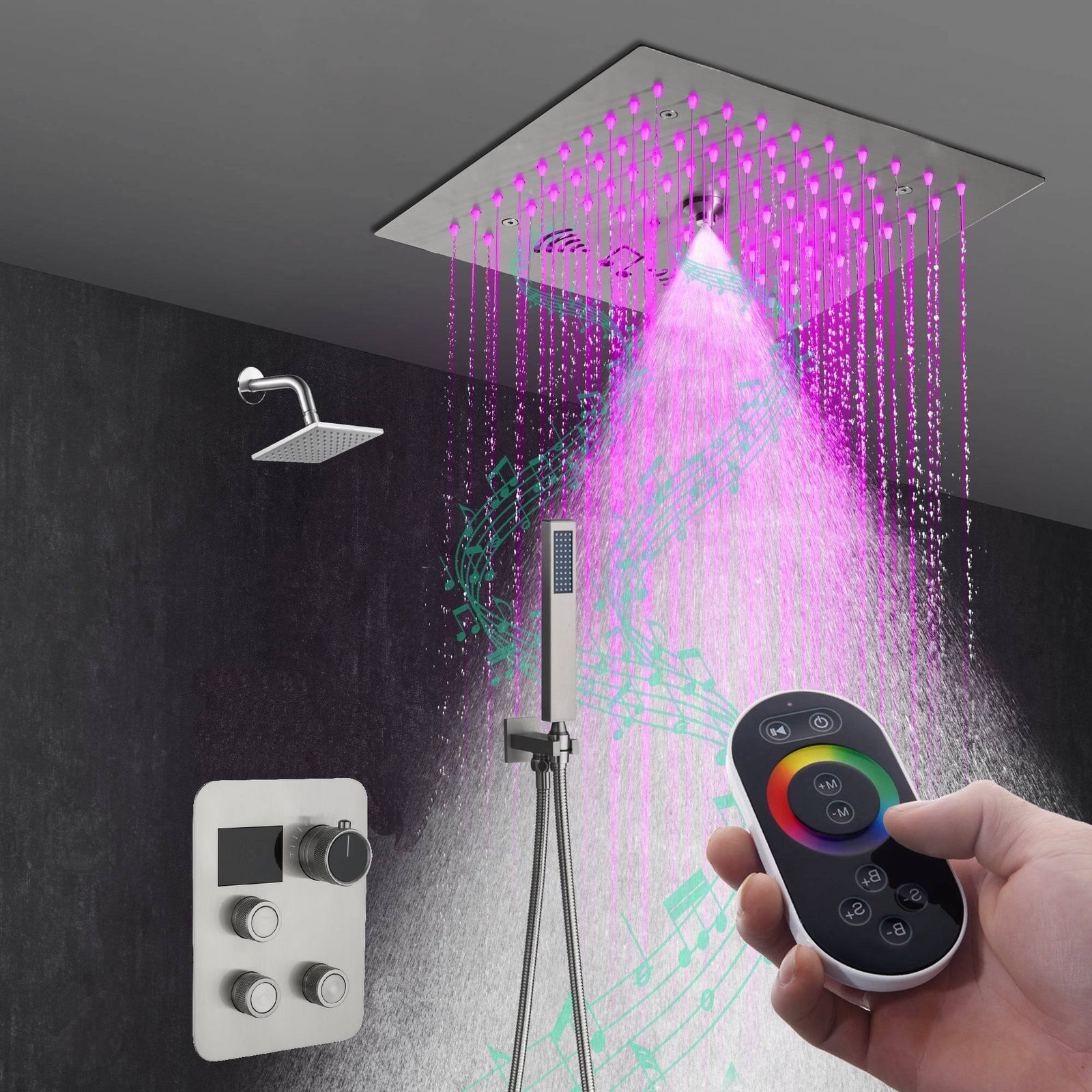 12" Brushed Nickel Thermostatic Shower Faucet: 3-Way Control, LED, Bluetooth Music, Regular Head - U3 / single function